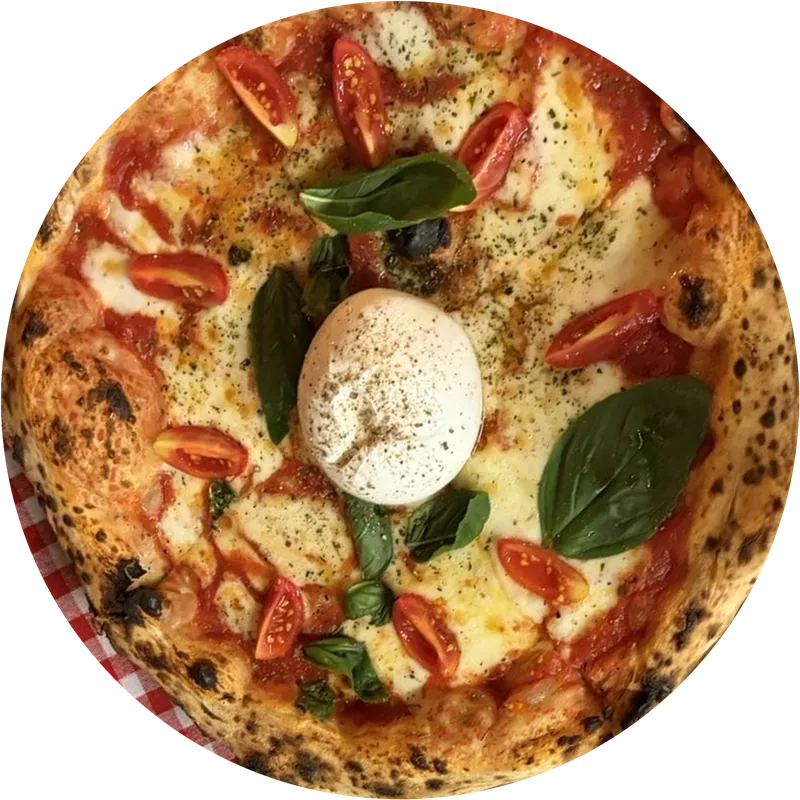 A wood-fired Margherita with burrata and cherry tomatoes, seen from above